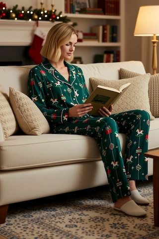 Benerly Kadın Gömlek Yaka Standart Kol Regular Kalıp Pijama Takımı Fonksi Yeşil