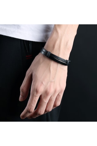 Ehediye Chavin Parlak Siyah Çelik Ve Deri Çelik Erkek Bileklik Dy76Sy Siyah