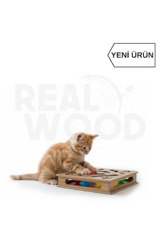 Hşap Kare Kedi Oyuncağı - 30cm X 30cm - Çıngıraklı Toplu - Yaylı Top Eklenmiştir