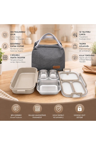 Valkyrie 304 Paslanmaz Çelik 3 Bölmeli Lunch Box Termal Çantalı Sızdırmaz Kapaklı Beslenme Kabı Açık Kahve