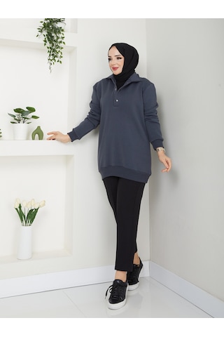Raika Moda Kapşonlu 3 İplik Büyük Beden Tesettür Sweatshirt Antrasit