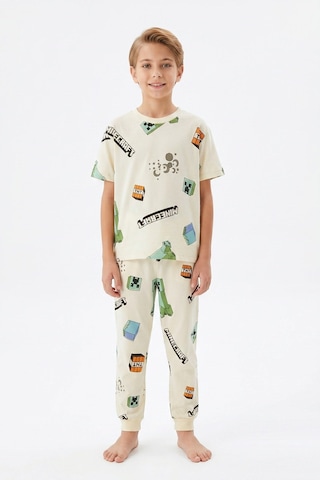 Bunny Hopp Yazlık Kısa Kollu Erkek Çocuk Pijama Takımı Oyun Desenli %100 Pamuk Krem