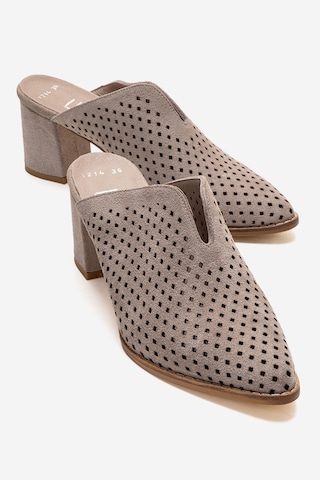 Luvishoes Toen Bej Süet Hakiki Deri Kadın Kalın Topuklu Terlik