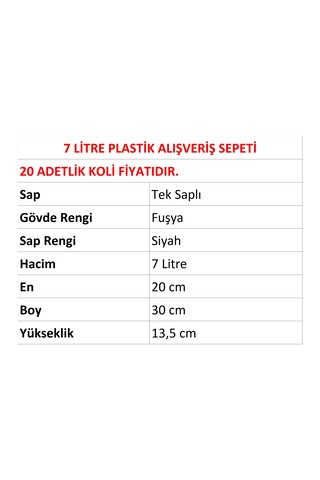 7 Litre Plastik Kozmetik Alışveriş El Sepeti Fuşya 20 Adet / En:20 Boy:30 Yükseklik:13,5 Cm Fuşya
