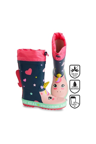 Denokids Kalpli Unicorn Kız Çocuk Lacivert Pembe Yağmur Botu Lacivert - Pembe