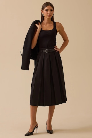 Seçil Kadın Kemerli Pile Detaylı Midi Etek 0003 Siyah Siyah