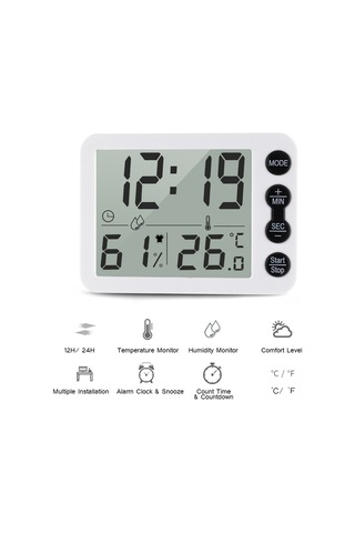 Yifomall Ts-9606 Ev Ofis İçin Dijital Termo-higrometre: Lcd Ekranlı Saat, Geri Sayım, Nem Sicaklık Ölçer, Sıcaklık Birimi Değiştirilebilir Pil Yok