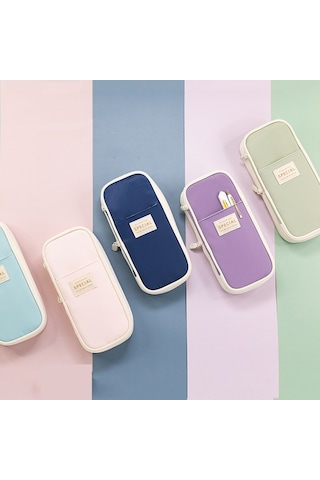 Angoo Macaron Çift Katmanlı Geri Çekilebilir Büyük Kapasiteli Kalem Kutusu Kırtasiye Kutusu Koyu Mavi