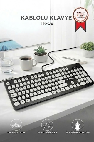 Premium Ev Ofis Gereci Tuş Takımı Kablolu Q Klavye Retro Daktilo Tk09 Siyah Beyaz