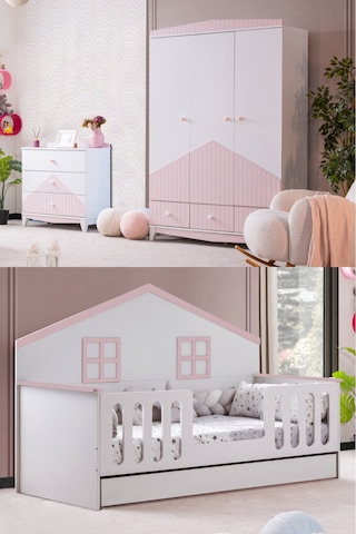 Bello Çocuk Odası Takımı, Bello Yavrulu Karyola, Fethiye 3 Kapaklı Dolap, Şifonyer - Pembe Renkli
