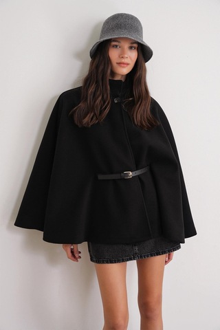 4768 Kadın Kemerli Panço Premium Kaşe Ceket Siyah Siyah
