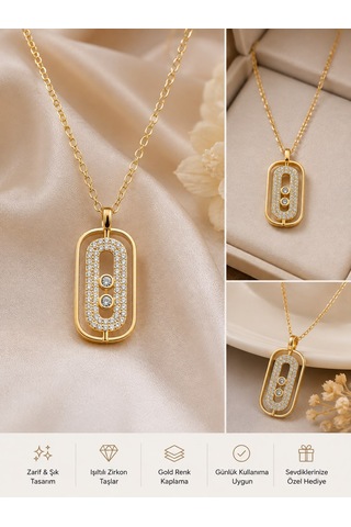 Dikdörtgen Plaka Model Zirkon Taşlı Kolye Gold Dikdörtgen Plaka Model Zirkon Taşlı Kolye Gold