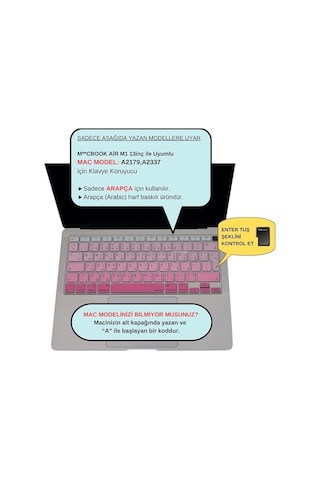 Macbook Air 13 Arapça Klavye Koruyucu A1932 A2179 A2337 M1 Uk Iso Ters L Enter Uyumlu Arabic Keyboard Cover Touch Id Pembe Pembe