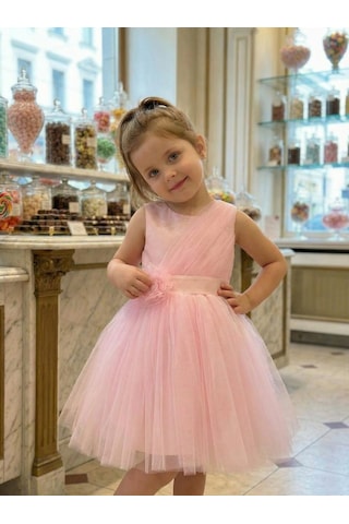 Butikhappykids Kız Çocuk Pembe Volanlı Tüllü Çiçek Detaylı Abiye Elbise 1-5 Yaş Pembe