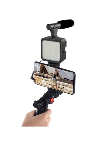 Profesyonel Vlogging Seti Video Kiti Tripod Mikrofon Led Işık Tel