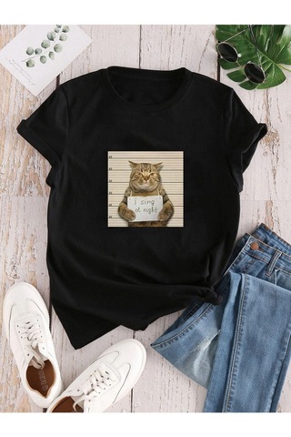 Kadın Siyah Oversize Kedi Baskılı T-shirt Siyah-66592