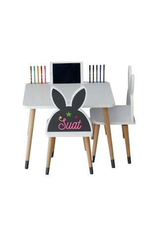 Liva Ahşap Çocuk Aktivite Oyun 1 Masa 2 Sandalye Takımı 2-6 Yaş - Tavşanlı- Tablet Yeri Beyaz- Gri Ayaklar