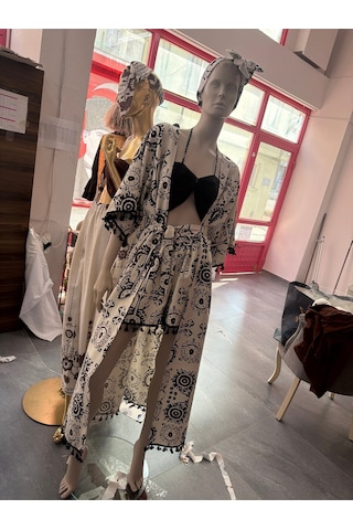 Na Addesıgn Bohem Moon 4 Lü Plaj Takımı Oversize Kimono Şort Büstiyer Bandana Set Siyah Beyaz