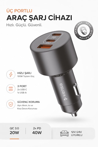100w Araç Hızlı Şarj Aleti 2 Usb-c + Qc Usb Girişi Tüm Araçlar Uyumlu Şarj 100w Silver