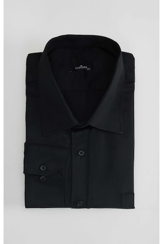 Tudors Büyük Beden Kolay Ütü Kravatlık Armürlü Pamuklu Erkek Gömlek-31398-siyah Siyah