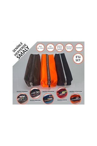 Kalemlik 3lü Set/paket Organizer Makyaj Çok Amaçlı Pinterest Okula Dönüş Çantası Tek Bölmeli Haki+neon Oranj+siyah