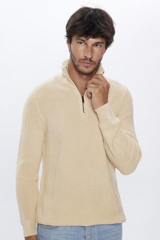 Tudors Erkek Slim Fit Dar Kesim Dik Yaka Fermuarlı Bej Triko Kazak-26254-bej Bej
