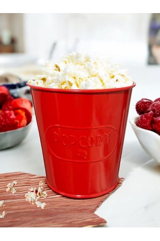 Toptanfoni Kırmızı Metal Popcorn Kutusu - Patlamış Mısır Kovası Kendinden Kabartma Desenli 3 Adet Kirmizi