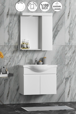 Yıldız Asma 55 Cm Beyaz Mdf Lavabolu Asma Banyo Dolabı Takımı Beyaz