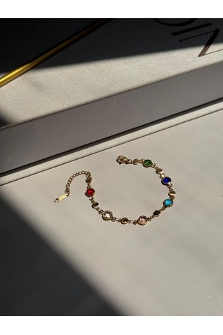 Renkli Taş Detaylı Altın Kaplama Bileklik Zarif Kadın Takı Çok Renkli