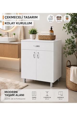 Bmd Mobilya 60x58x85 Cm Set Altı Ocak Dolabı 1 Çekmeceli Mutfak Dolabı Ankastre Ocak Alt Modülü Çok Amaçlı Depolama Dolabı Beyaz