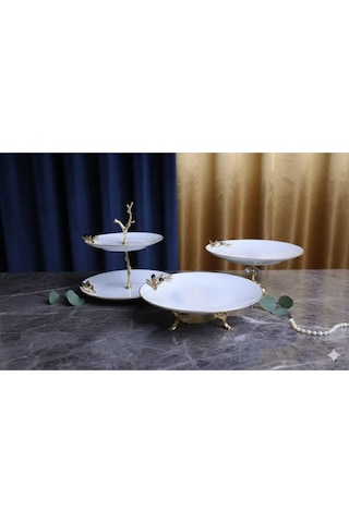 Çnr Home Collection 3 Parça Metal Ayakli Porselen Sunumluk Kurabiyelik Şekerlik Beyaz