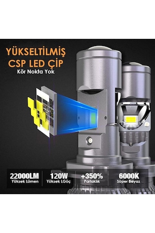 Joyecar 12v H4 Csp Led Xenon Far Ampul Seti 120w 6000k 22000 Lümen Mercekli