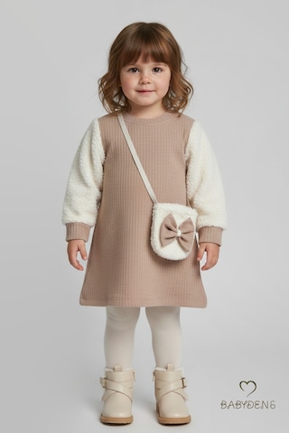 Babyden's Bayramlık Şık Ve Rahat Kız Bebek Elbise Çantalı Yumuşak Peluş Kollu Kışlık Çocuk Kombini Bej