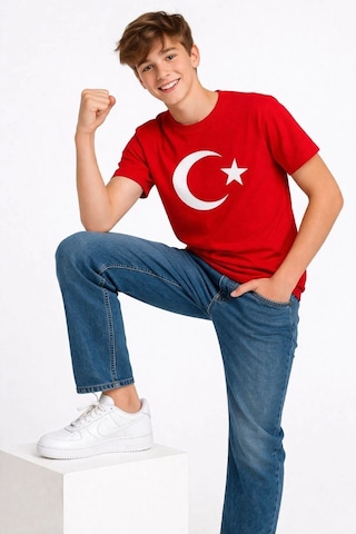 Wear Vexel Erkek Çocuk Tişört Bisiklet Yaka Ay Yıldız Bayrak Baskılı T-shirt - Kırmızı Çok Renkli