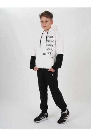 Zekids Çocuk Pamuklu Kapüşonlu Heart Mat Yazılı Sweatshirt-14830 Ekru