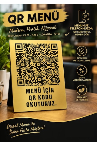 Gold Metal Qr Menü Standı A5 Boyut Siyah Baskılı Restoran & Cafe Menü Tabelası