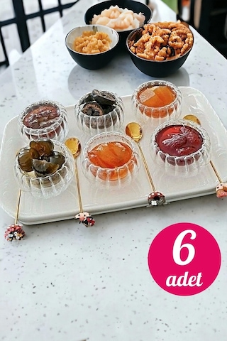 6'lı Çift Cidarlı Cam Lokumluk Çerezlik Sosluk Drajelik Desenli Dekor Borosilikat Sunum Mini Kase