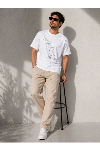 Vexor Erkek Minimal Kedi Çizim Baskılı Tişört Kısa Kol Yazlık T-shirt - Beyaz 444349