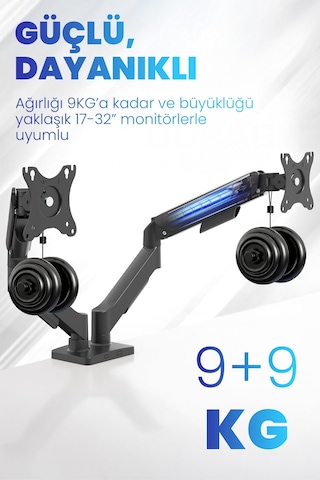 17-32" Çift Kollu Monitör Kolu Vesa Uyumlu Tam Hareketli 9+9 Kg Taşıma Kapasiteli Monitör Standı