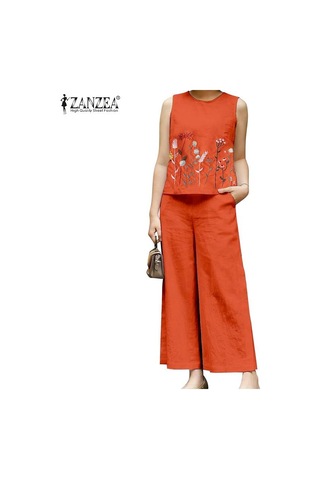 Zanzea Kadın Çiçek Baskı Tankı Üstleri Ve Pantolon Yaz Rahat Iki Parçalı Takım Elbise Seti Turuncu