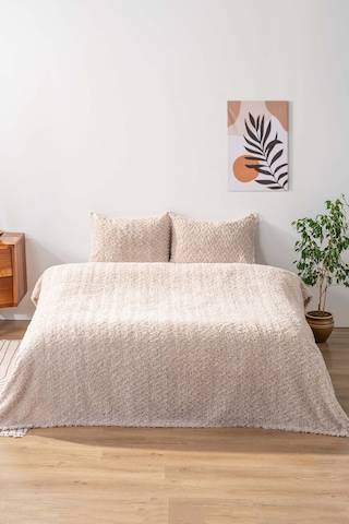 Dali Zigzaglı Bej Çift Kişilik Jakarlı Deluxe Uyku Seti 3 Parça Yatak Örtüsü Seti Bej