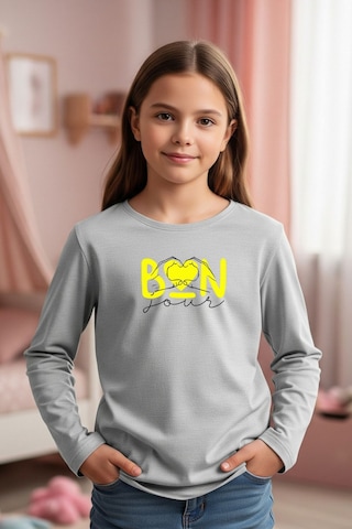 Yuvarlak Yaka Kalp Baskı Detaylı Kız Çocuk Sweatshirt Gri