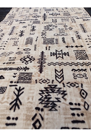 Aslan Home Kilim Desenli Yıkanabilir Kaymaz Taban Dört Mevsimlik Salon, Banyo, Balkon, Genç Odası Kesme Yolluk Bej & Siyah