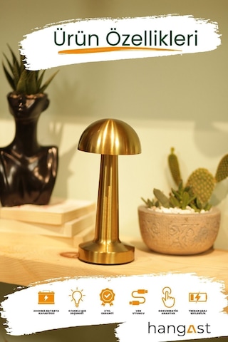 Hl-009g Dekoratif Metal Gold Mantar Kablosuz Masa Lambası Ledli 5v 3 Renk Işık Usb Şarjlı Altın Sarı
