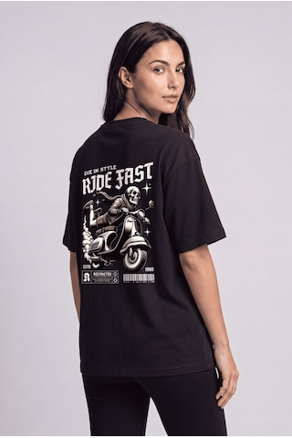Black Nova Oversize Baskılı Unisex %100 Pamuk T-shirt Ride Fast Siyah