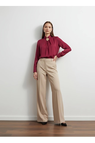 Pera Moda Gold Broş Detaylı Şık Bluz Gömlek Bordo