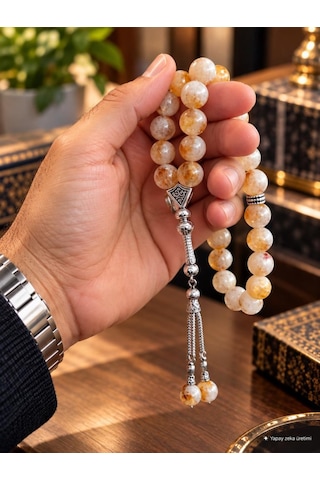 33 Lü 10 Mm Doğal Sitrin Taşı Tesbih Küre Kesim El Yapımı Lüks Erkek Tespih Hediyelik Sarı 58794925
