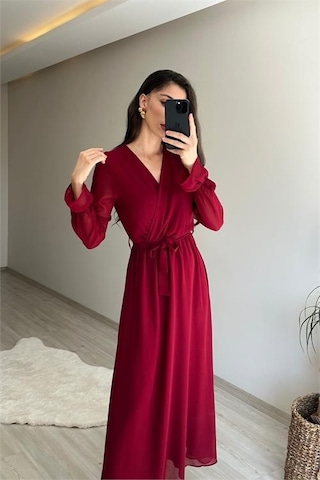 Neşeli Butik Kadın Uzun Kollu Kuşaklı Maxi Şifon Elbise Nm001 Bordo