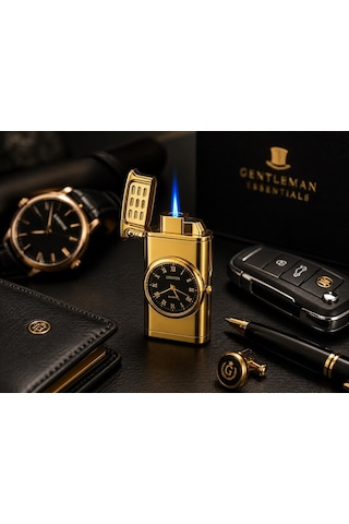 Premium Saatli Ledli Metal Çakmak Özel Lüks Çakmak Prestij Hediye Dolu Gönderim Gold