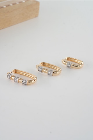 Kadın Vip Seri Antialerjik Baget Zirkon Taşlı Rodajlı 2 Renk 3'lü Küpe-5169 Altın